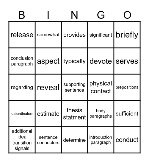 Chapter 9 Vocabulary Bingo Card