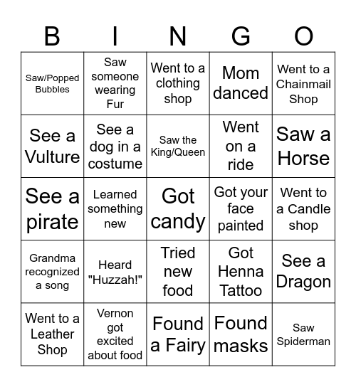 Ren Faire Bingo Card