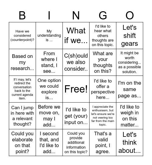 Meeting Phrases Bingo Card