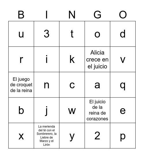 Alicia en el País de las Maravillas Bingo Card