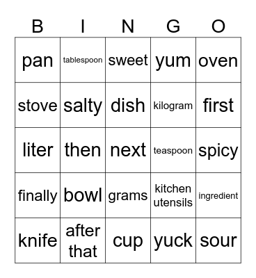 Cooking Bingo Card