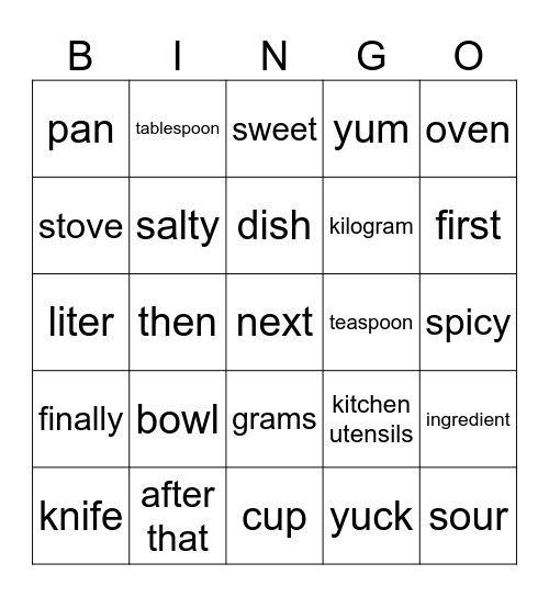 Cooking Bingo Card