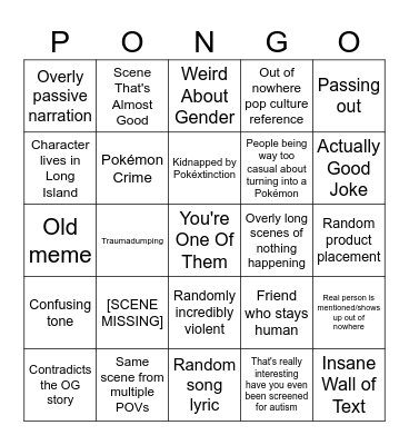 Pokéumans Spinoff Bingo Card