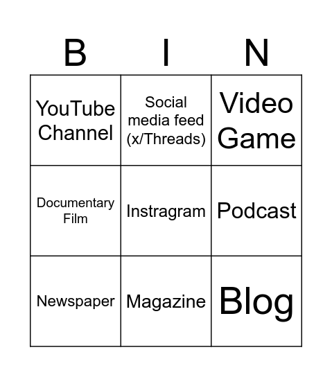If you were a media, what would you be? Bingo Card