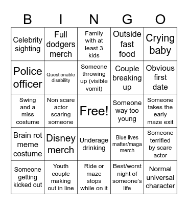 Universal horror nights Bingo Card
