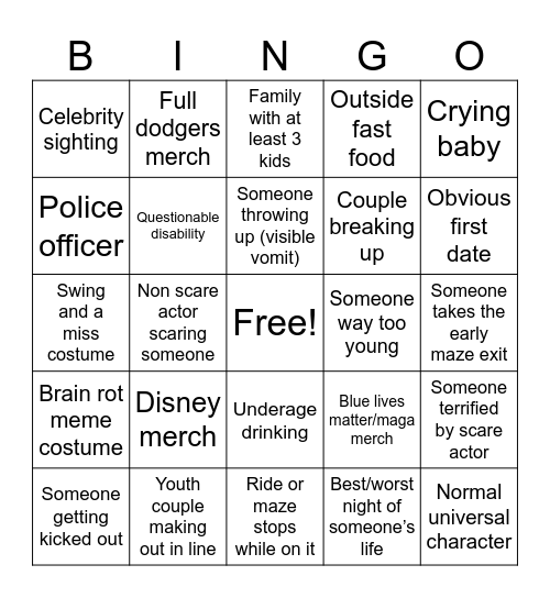 Universal horror nights Bingo Card