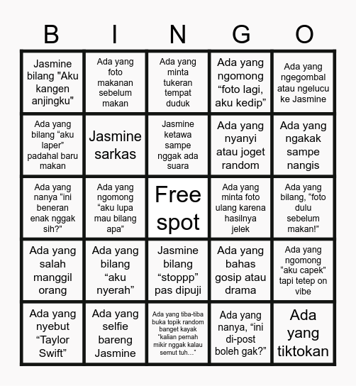 Jasmine's birthday bingo Card