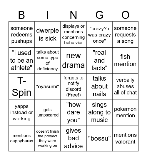 dwerple stream bingo Card