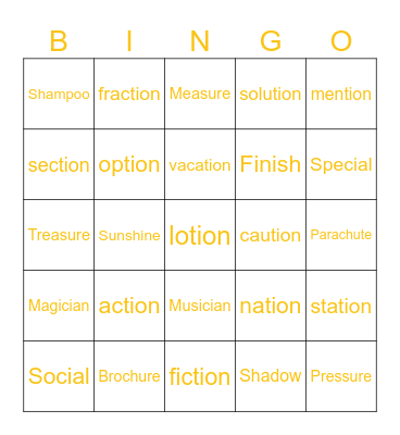 Sh sound Bingo Card