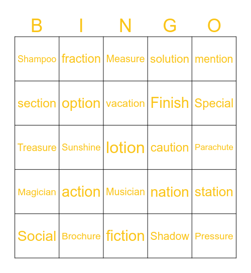 Sh sound Bingo Card
