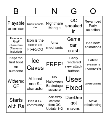 FNaF World Fan Game Bingo! Bingo Card