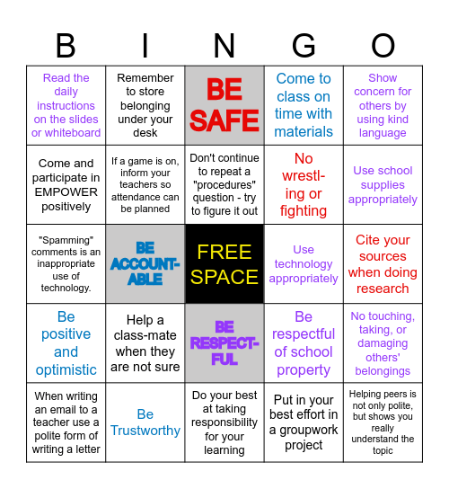 Ms. Taranec's Class Expectations: Please... Bingo Card