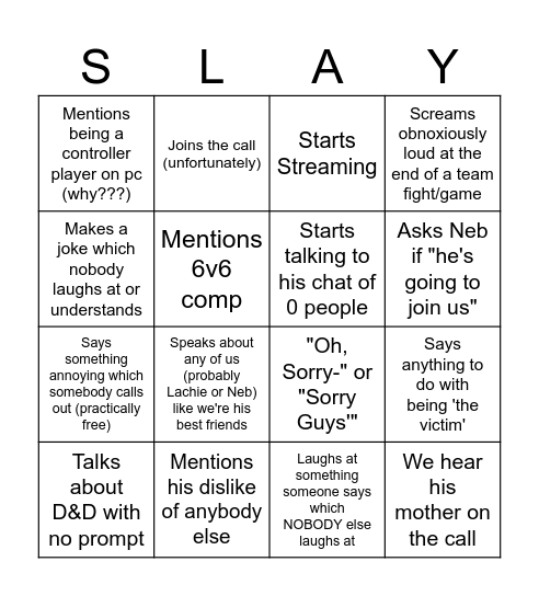 Spiteful Slayer Bingo 🥀 Bingo Card