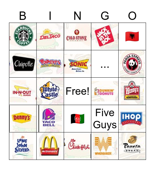 Fast Food Bingo Card