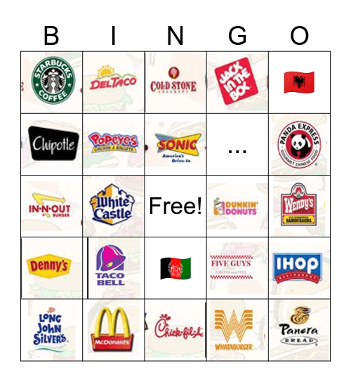 Fast Food Bingo Card