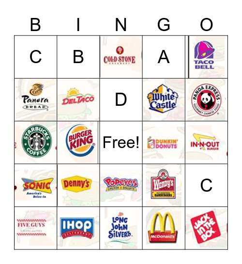 Fast Food Bingo Card