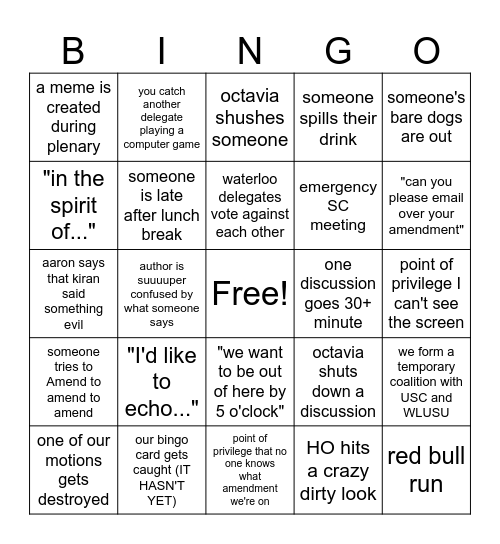 OUSA Plenary Bingo Card