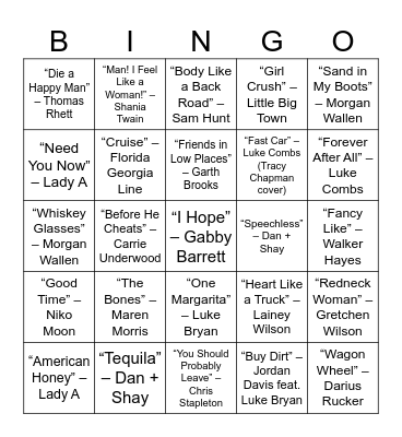 COUNTRY Bingo Card