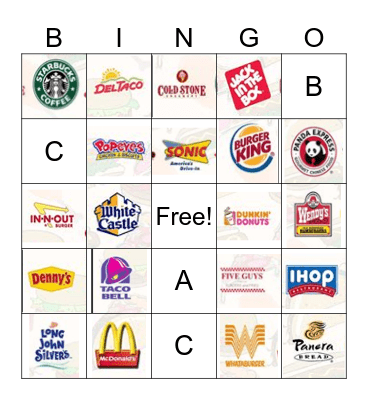 Fast Food Bingo Card