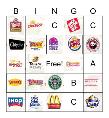 Fast Food Bingo Card