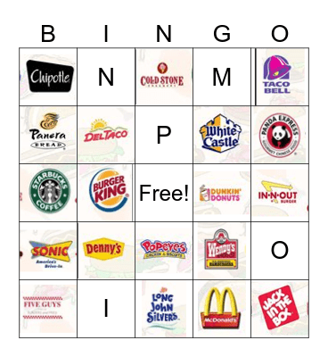 Fast Food Bingo Card