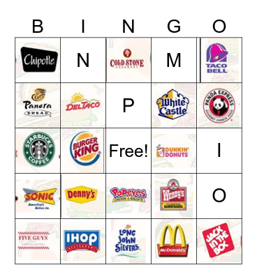 Fast Food Bingo Card