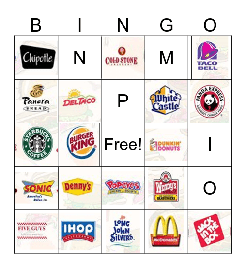 Fast Food Bingo Card