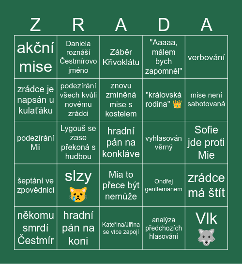 Zrádci S02 E08 Bingo Card