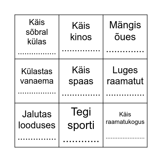 Vaheaja bingo Card