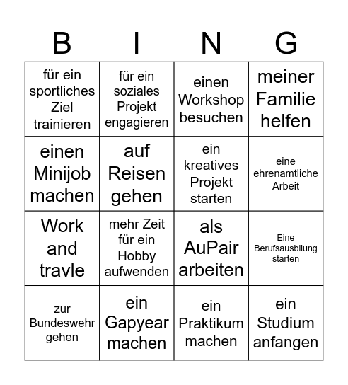 Nach der Schule Bingo Card