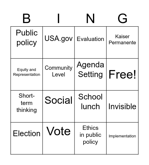 Public Policy Bingo Card