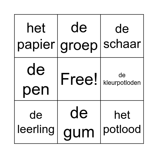 Thema 1: De school dag 1 Bingo Card
