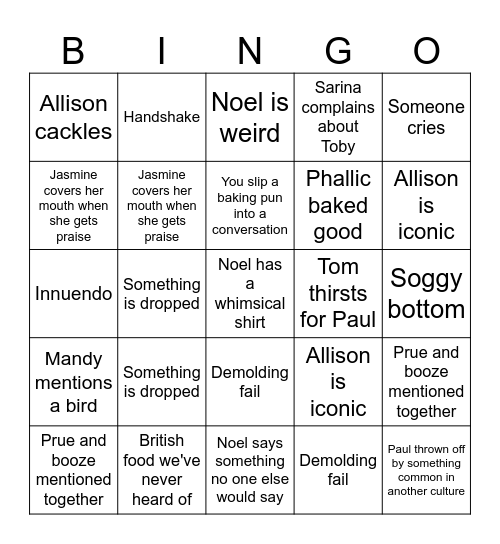 Bake Off Loser Consolation Bingo Card