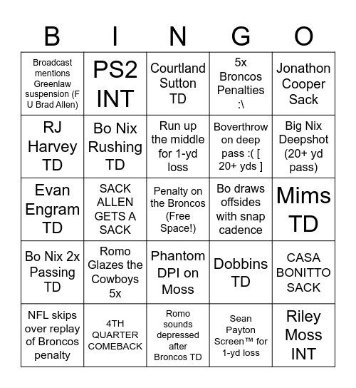Bronco Bingo Card