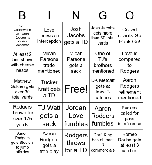Packers vs. Steelers Bingo Card