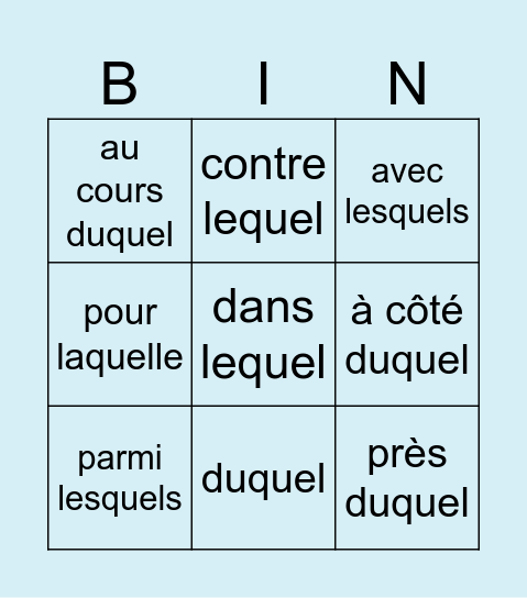 Bingo des pronoms Bingo Card