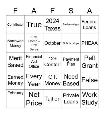 Financial Aid Bingo Card