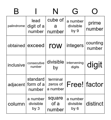 Math Olympiad Vocabulary Bingo Card