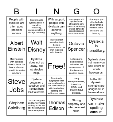Dyslexia Family Night Bingo Card