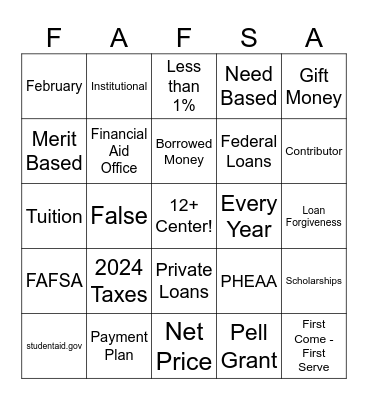 Financial Aid Bingo Card