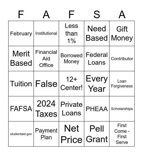 Financial Aid Bingo Card