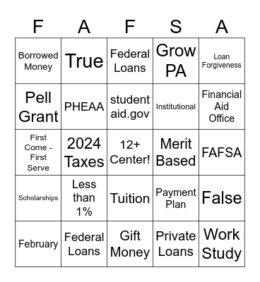 Financial Aid Bingo Card