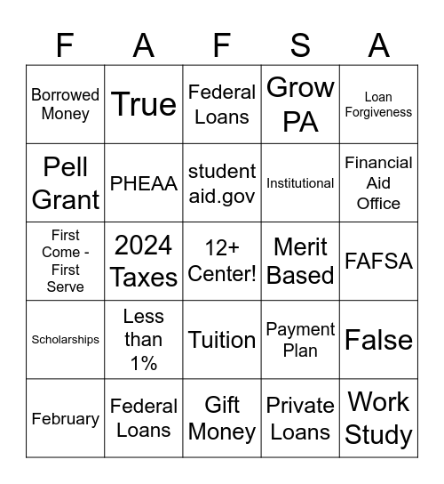 Financial Aid Bingo Card