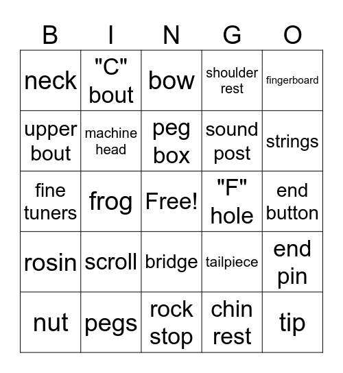 String Instrument Anatomy BINGO Card