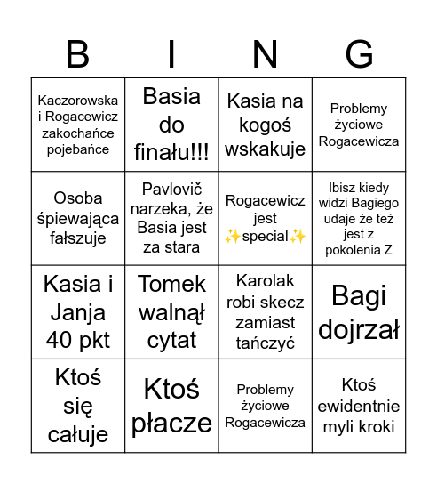 Taniec z gwiazdami Bingo Card
