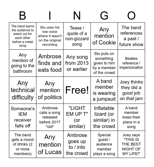 King Gizzard live show BINGO Card