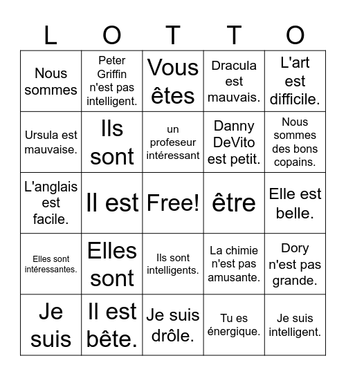 T'es branché unit 3 lesson b être & adjectifs Bingo Card