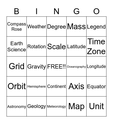 Earth Science Bingo!  Bingo Card