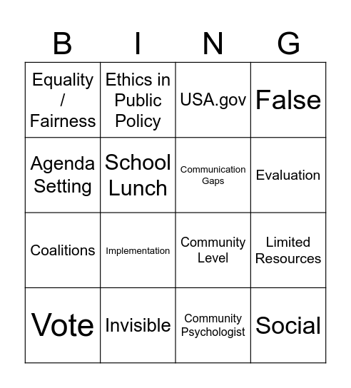 Public Policy Bingo Card