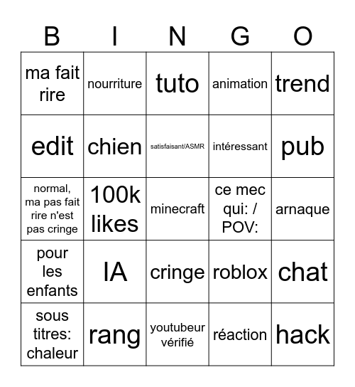 Shorts YouTube Bingo Card